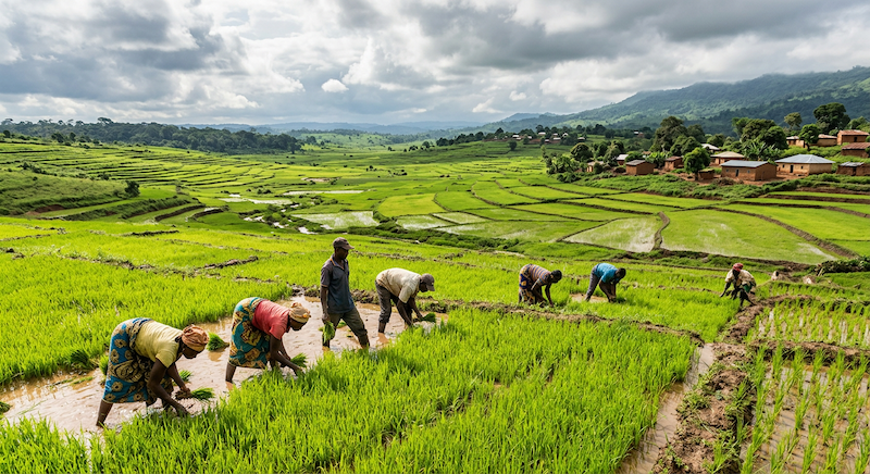 Firefly GeminiFlash Génère une photo pour illustrer un article sur les 10 000 hectares de riziculture plu 12035